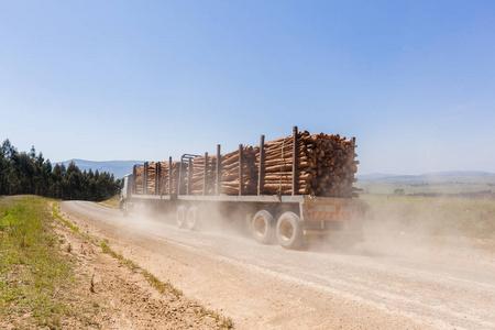 卡车树日志运输木板被控的卡车冬季道路上的卡车林业拖拉机, 卡车和